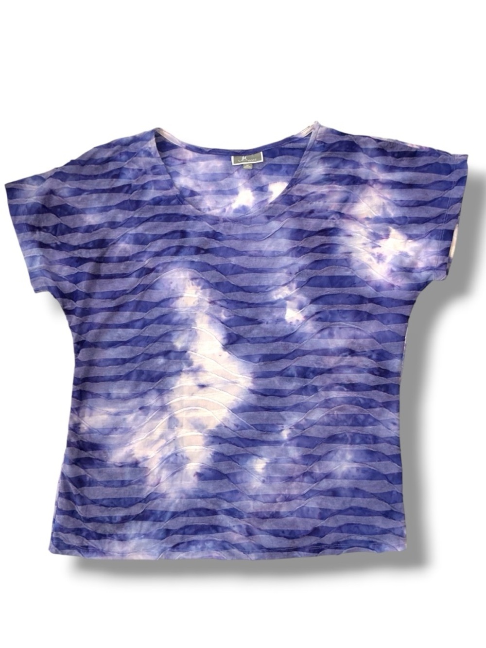 JM Collection Tie Dye Wavy Stripe Top Round Neck Top Purple White Women Plus 1X